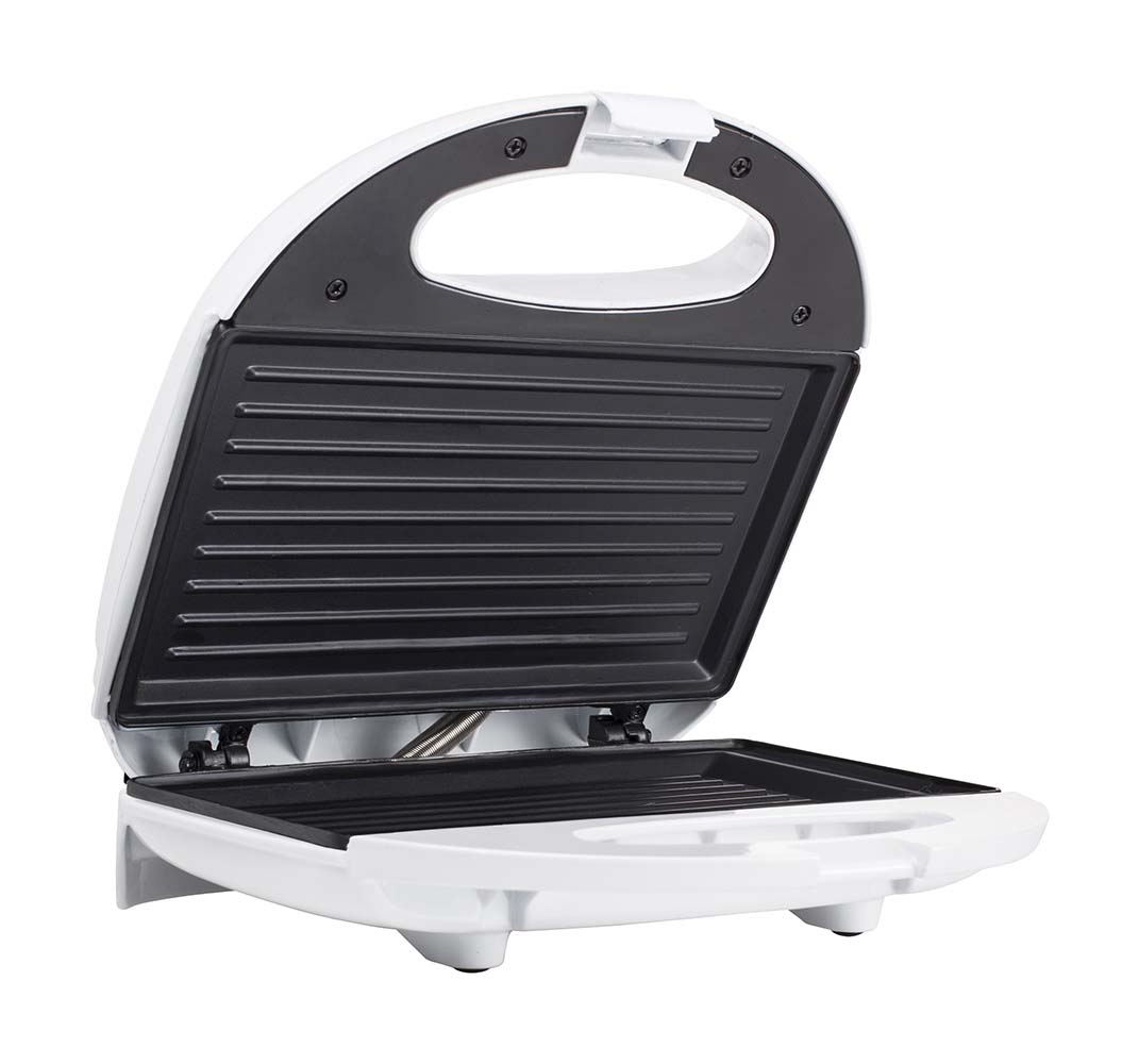 8500641 A sandwich maker for easy preparation of a sandwich or toastie. The sandwich maker has grill plates with a non-stick coating which are easy to keep clean. In addition, the sandwich maker has 2 indicator lights and a lock button. The low 750 Watt capacity makes this sandwich maker ideal for the campsite.