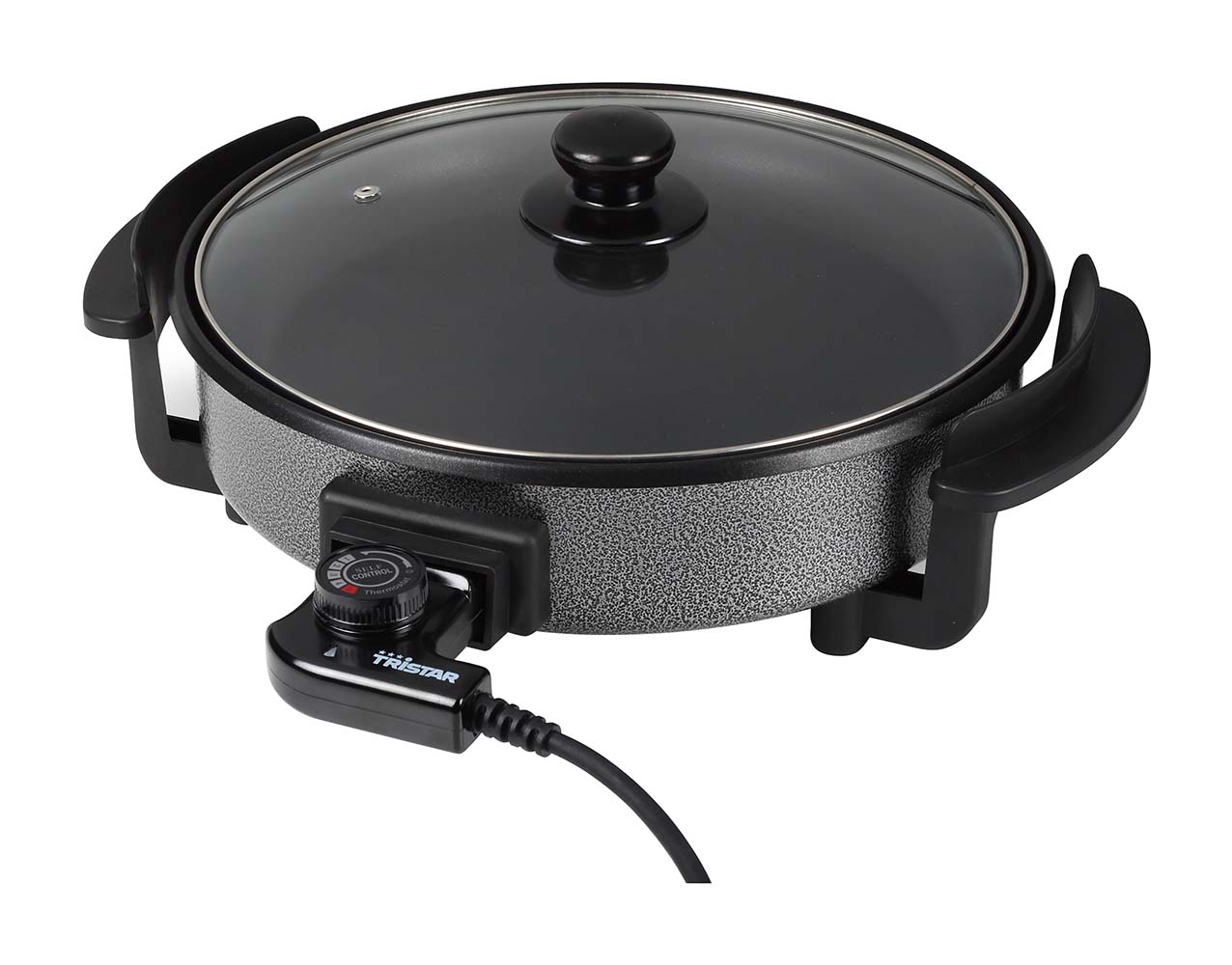 8500650 A large sauté pan. This pan works on electricity and is ideal for baking and frying complete meals. This sauté pan is fitted with a removable and adjustable thermostat. Ideal for travelling and easy to move with the heat-resistant handles. This pan has an output of 1500 watts and operates at 230 volts.