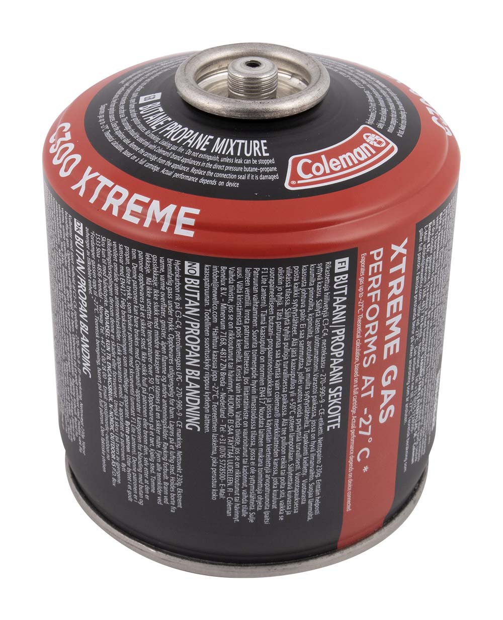 8904538 A 230-gram Coleman screw cartridge. The screw connector has a valve that makes it possible to disconnect the cartridge temporarily for later use.  The cartridge contains a mix of butane and propane gas so that it also functions at lower temperatures to 27 degrees and at higher altitudes.
