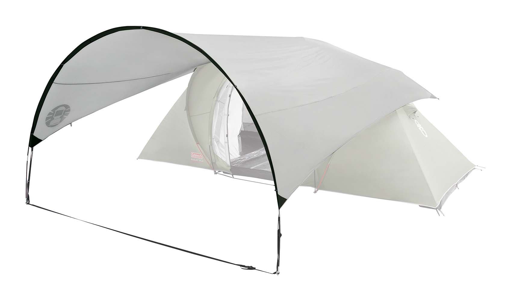 8905081 Universal awning for almost all tunnel tents. Creates a whole lot of extra living space and a shaded area. Supplied with a fibreglass curved pole, pegs and guy ropes. Packed (lxØ) 76x28 cm.