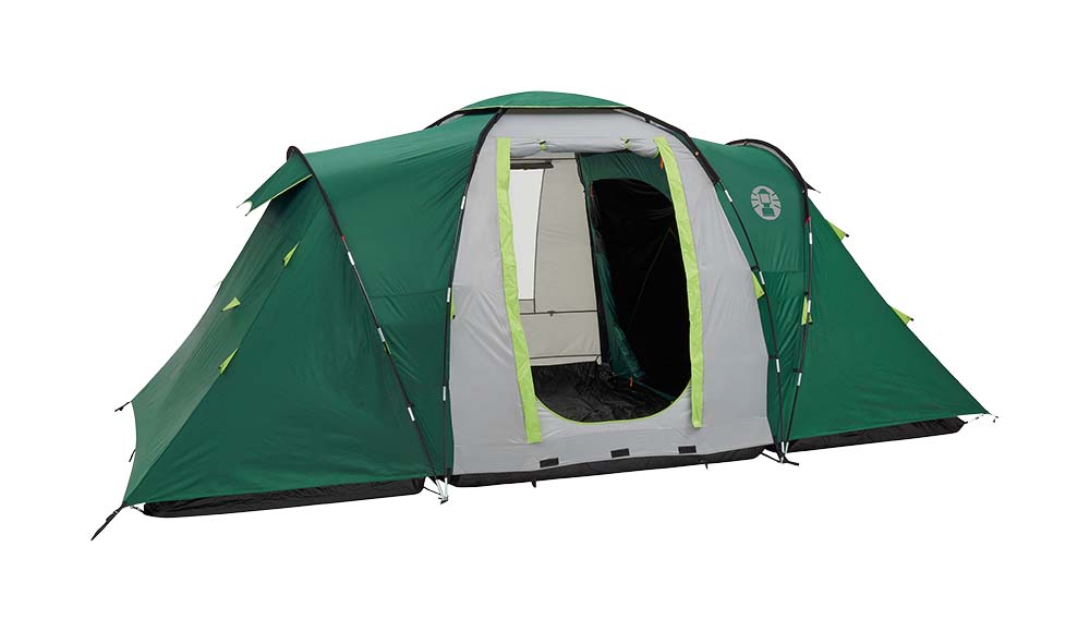 8930283 A spacious and comfortable family tent, suitable for four people. Easy to set up and has a stable structure. The sleeping cabins feature BlackOut Bedroom technology. Equipped with strong yet lightweight fiberglass poles, a coated outer tent, and a carrying bag.
