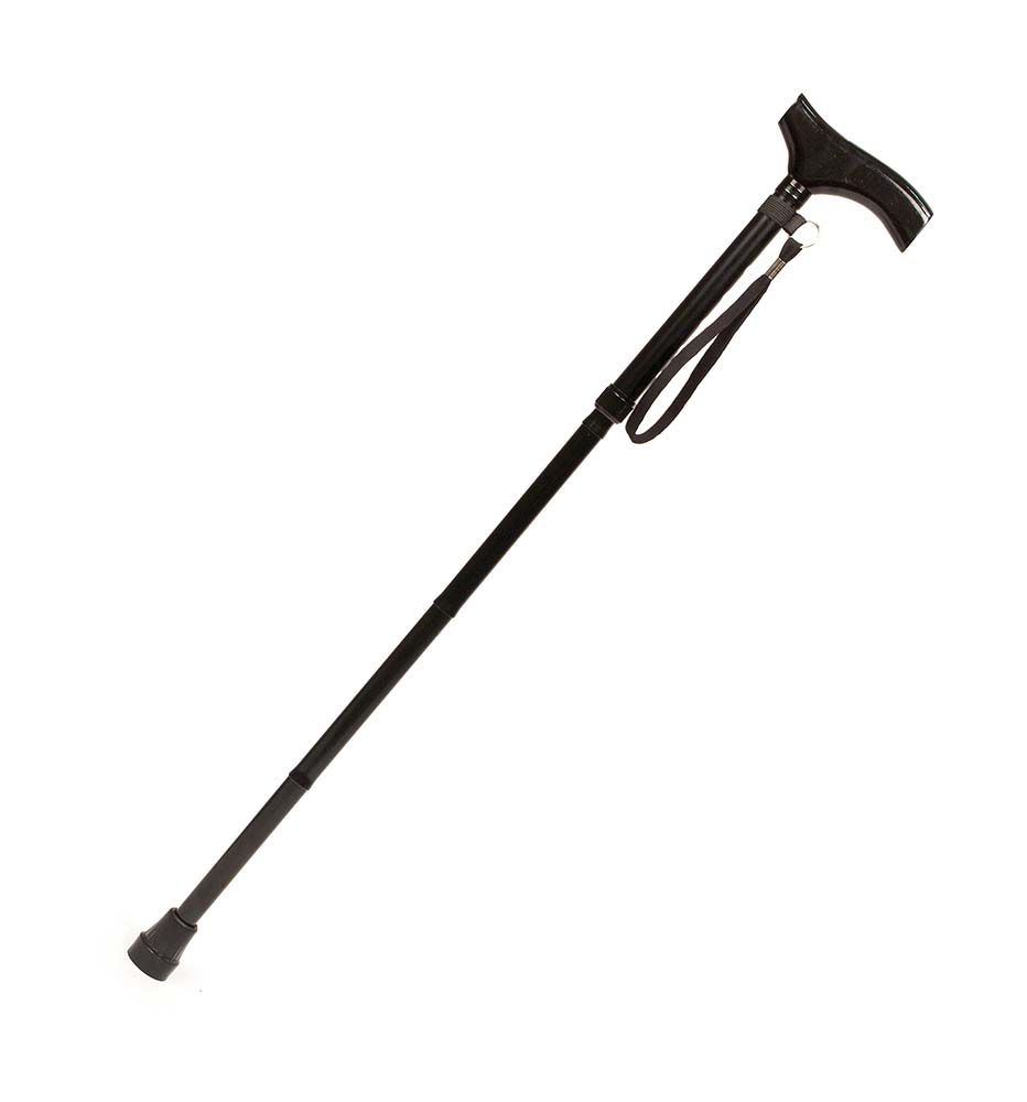 9210030 A collapsible walking stick. The stick is height adjustable and easily foldable. The walking stick has a wooden handle and comes with a storage bag and wrist strap.